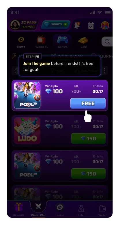 Tournament listing with free entry highlighted