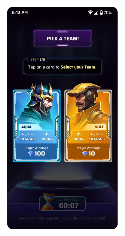 Pick a team screen with two mascot cards facing off