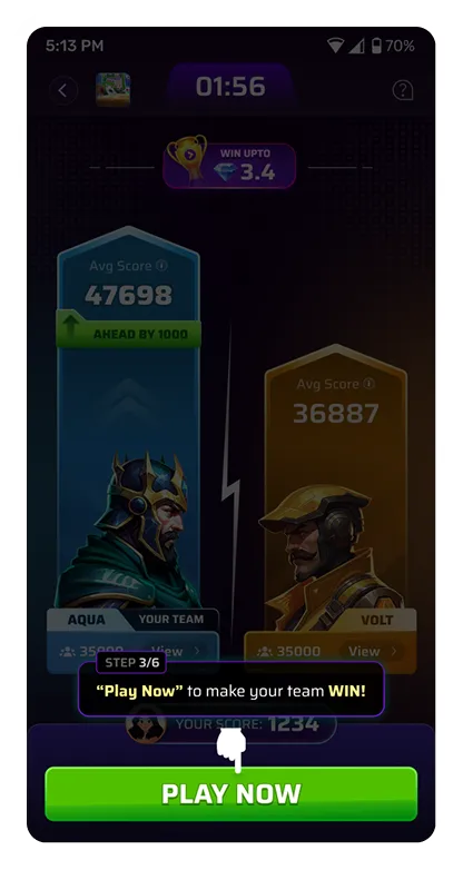 Scoreboard with pulsing Play Now nudge